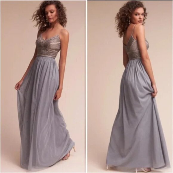 BHLDN Dresses & Skirts - NWT BHLDN x Adrianna Papell Aida Beaded Chiffon Gown in Pewter